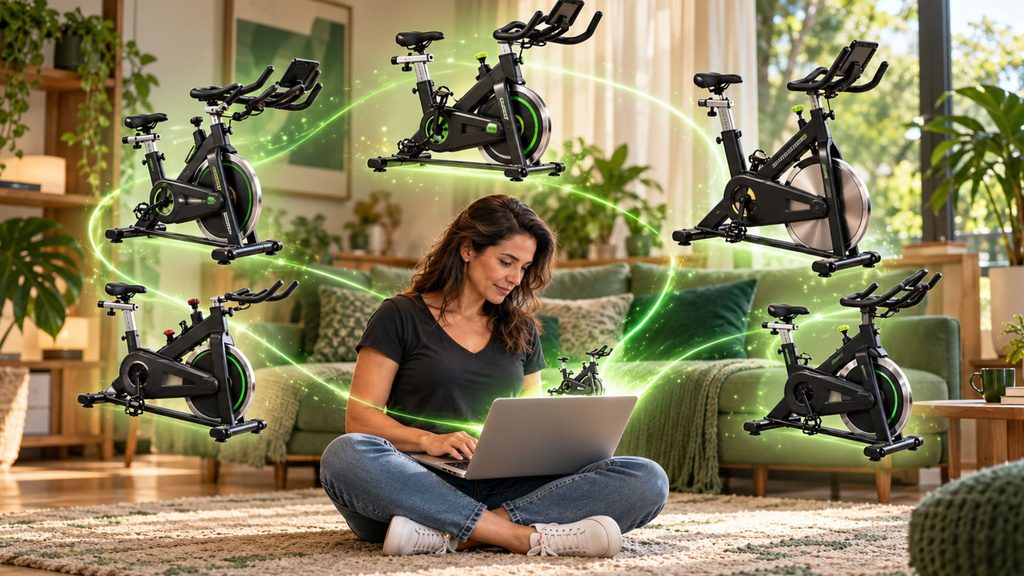 Mulher sentada no chão da sala com notebook no colo e bicicletas de spinning ao redor, representando a comparação de modelos para compra online.