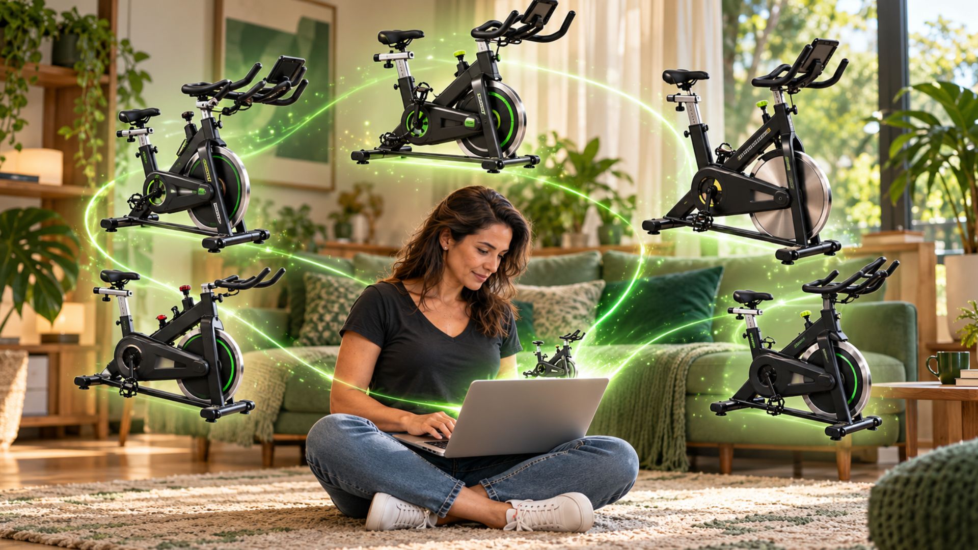 Mulher sentada no chão da sala com notebook no colo e bicicletas de spinning ao redor, representando a comparação de modelos para compra online.