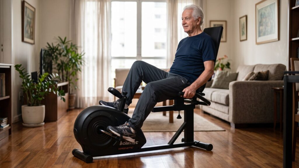 Homem idoso pedalando confortavelmente na Bicicleta Ergométrica Horizontal Polimet BH-3800 na sala de casa