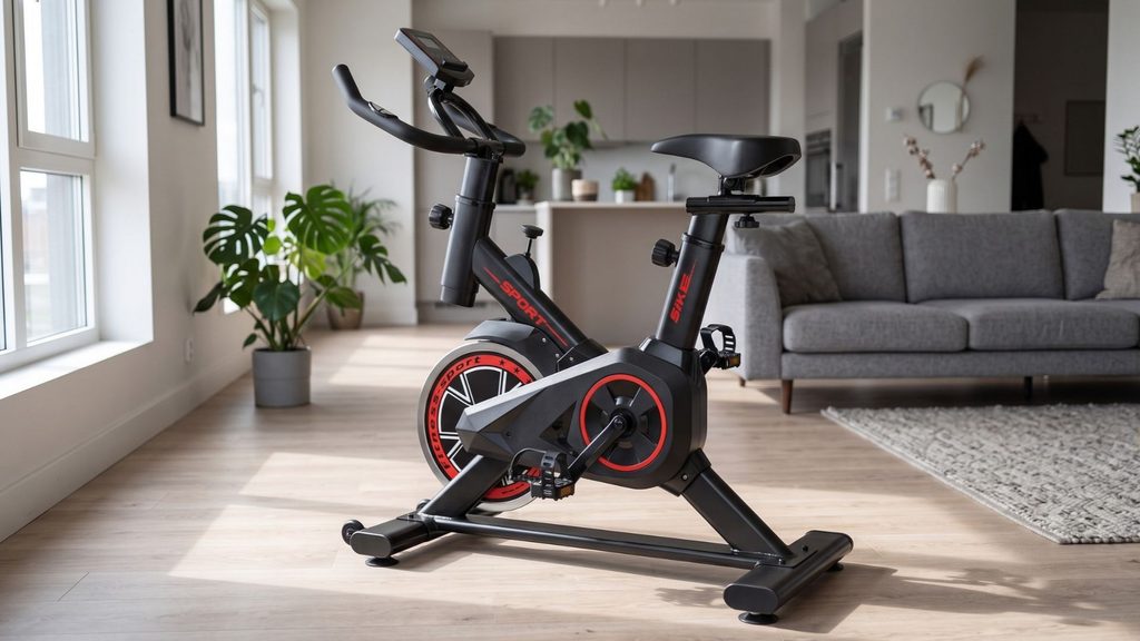 Bicicleta Ergométrica Spinning Redfin instalada em ambiente residencial compacto