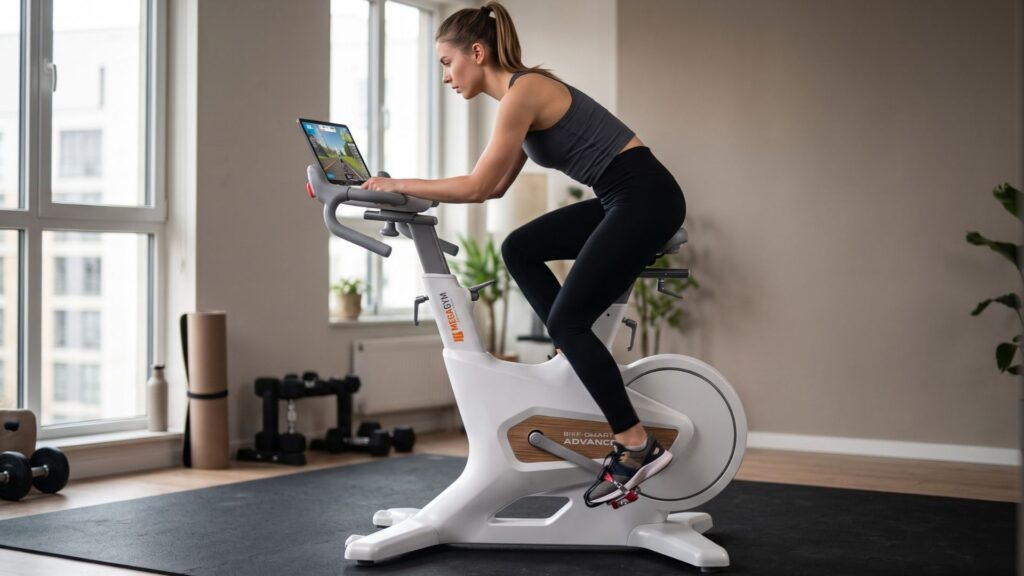 Mulher treinando na Bike Ergométrica Smart Advanced 13K MegaGym branca integrada a simulador virtual