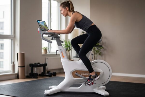 Mulher treinando na Bike Ergométrica Smart Advanced 13K MegaGym branca integrada a simulador virtual