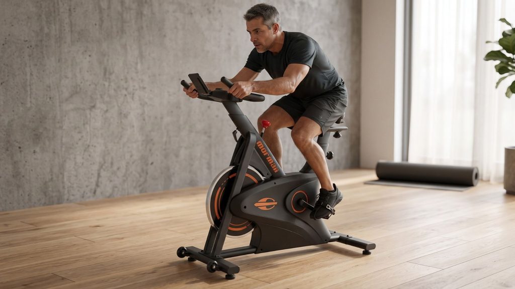 Bicicleta spinning Mormaii Motion-S preta em estúdio de treino residencial