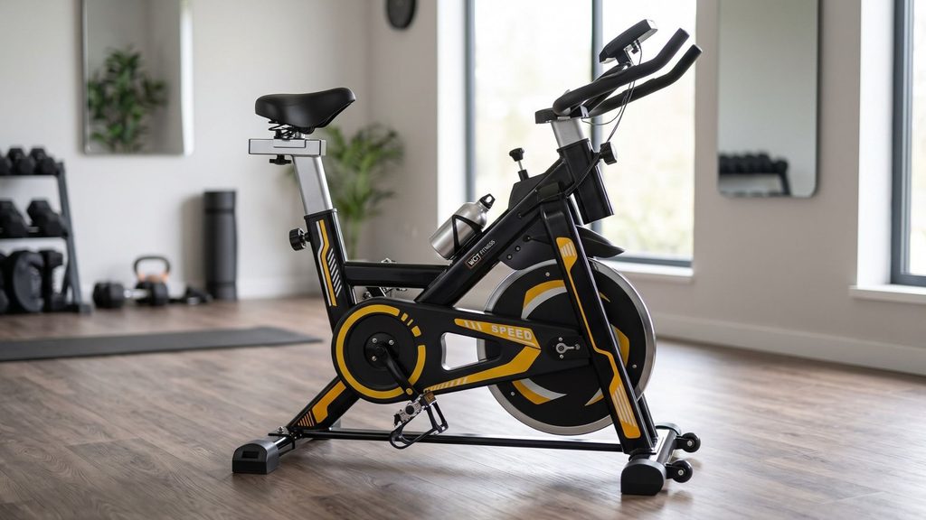 Bicicleta spinning WCT Fitness 13kg preta e amarela posicionada em sala de treino residencial