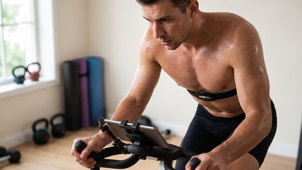Ciclista treinando em bike de spinning usando a Cinta de Frequência Cardíaca Xoss X2 Pro conectada ao tablet