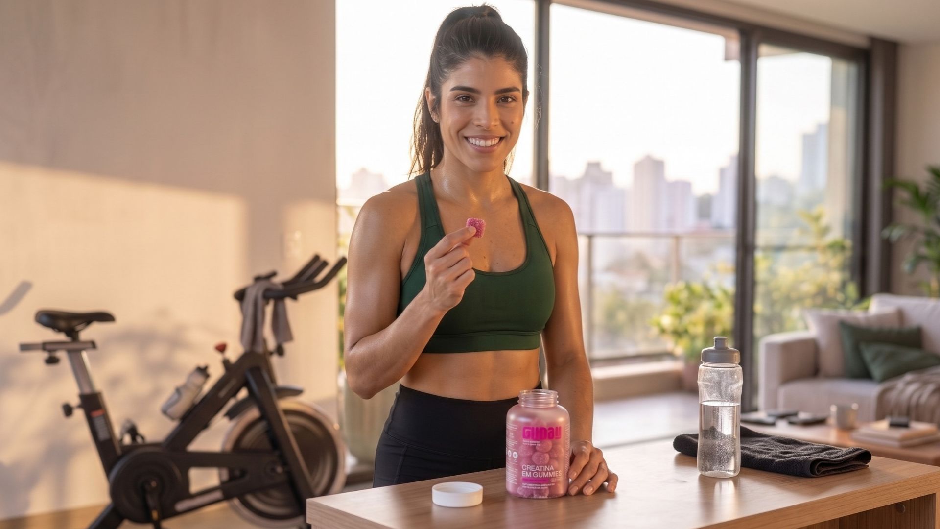 Mulher com um pote de creatina depois de um treino de spinning