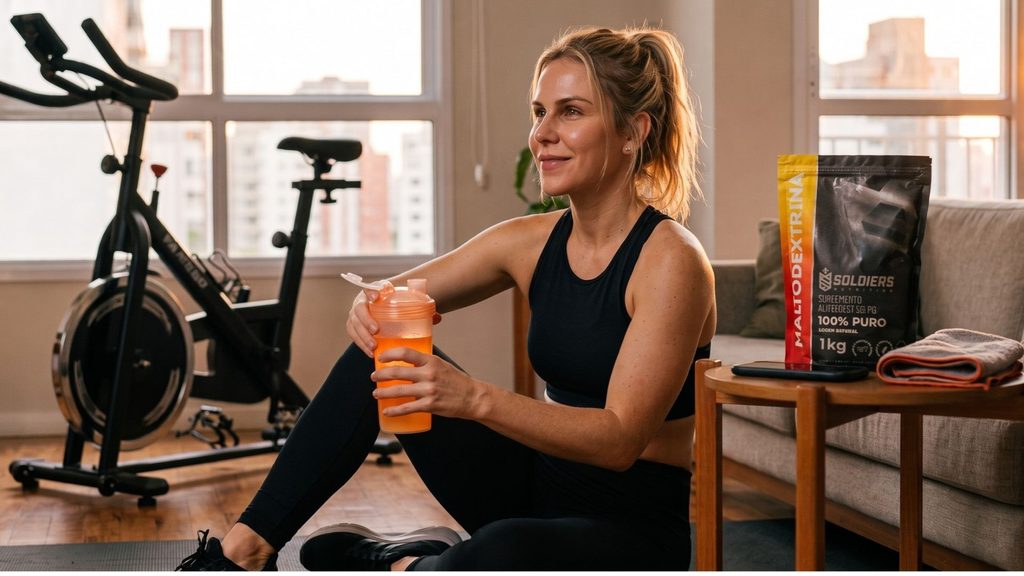 Mulher loira brasileira sentada descansando ao lado da bike de spinning após o treino com a maltodextrina soldiers nutrition