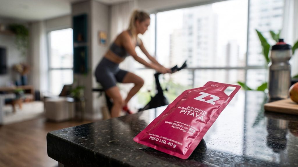 Embalagem do gel z2 pitaya repousada sobre o guidão de uma bicicleta ergométrica de spinning
