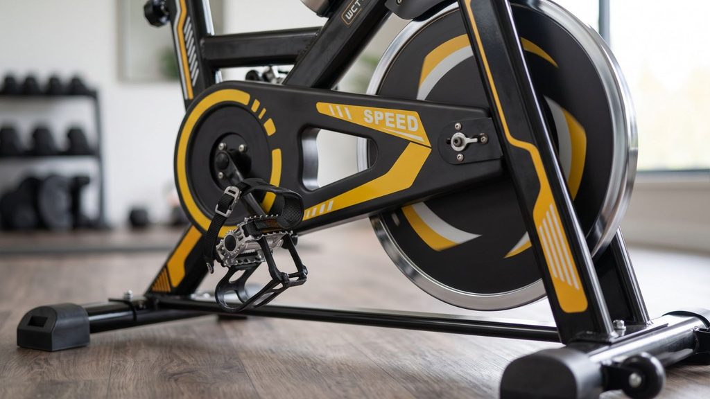 Close nos pedais de ferro com firma pé e roda de inércia de 13kg da WCT Fitness