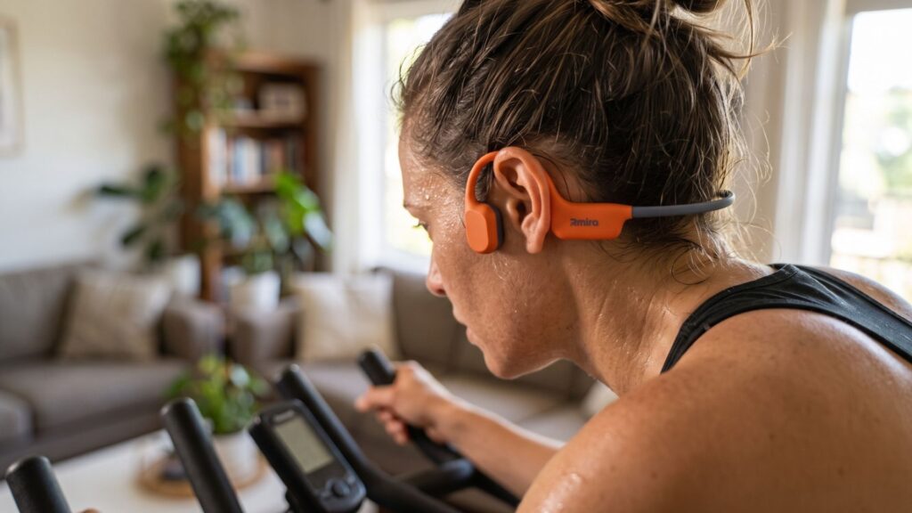 Atleta utilizando o fone de condução óssea Rmira durante treino de spinning