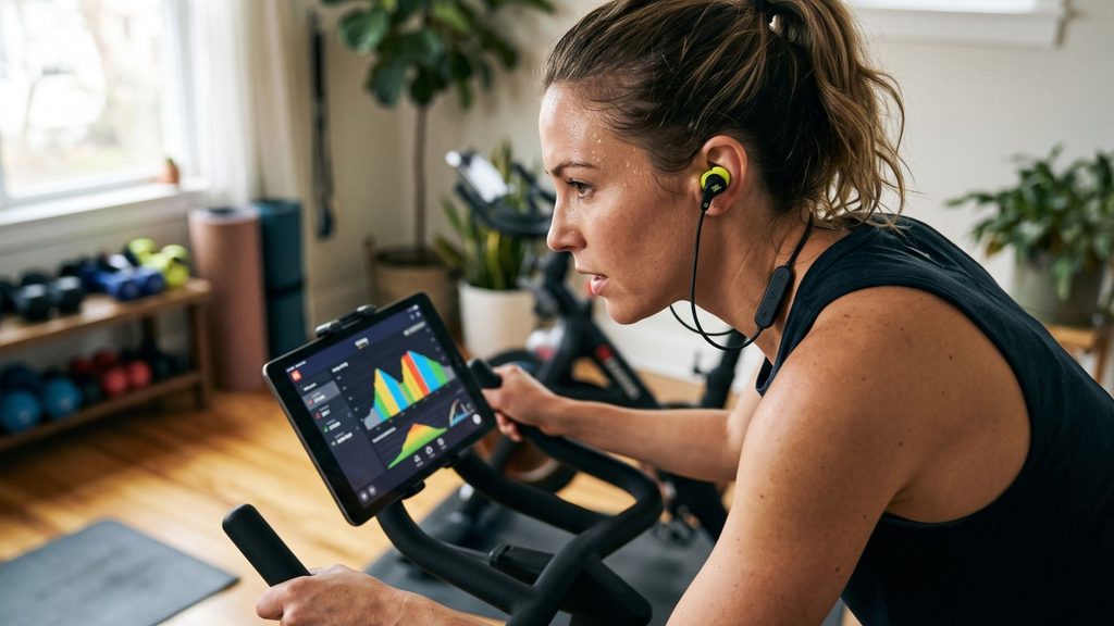 Ciclista pedalando em uma bike de spinning com o fone esportivo JBL Endurance Run 3 Wireless ajustado com segurança