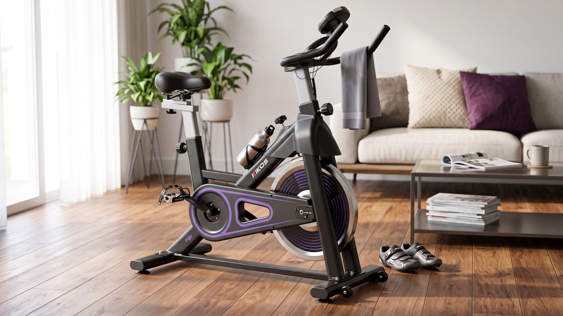 Visão geral da Bicicleta Ergométrica Spinning Kikos F2i montada em uma sala de estar.