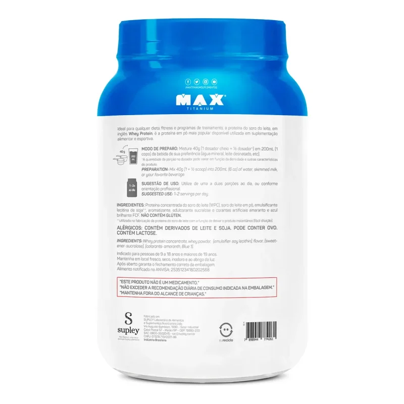 Max Titanium Whey Pro Concentrado 1kg Morango