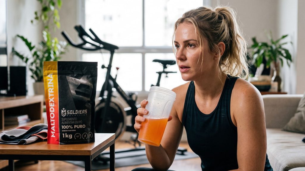 Mulher loira brasileira tomando shake com a maltodextrina soldiers nutrition após treino de spinning