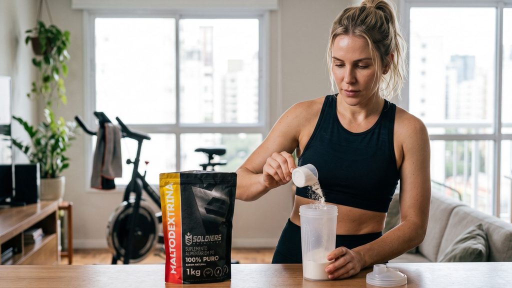 Mulher loira preparando shake de maltodextrina soldiers nutrition ao lado da bike de spinning no apartamento