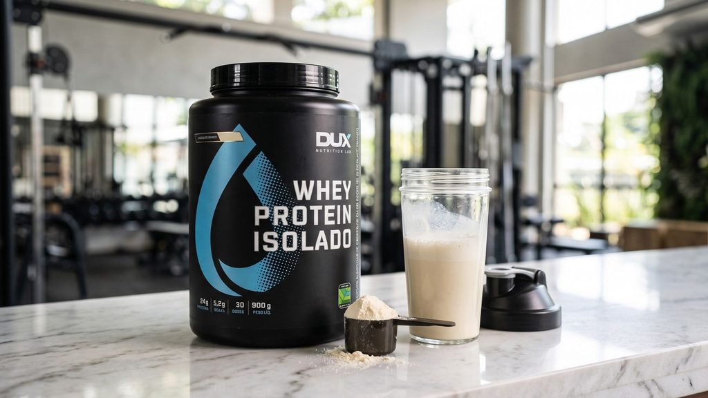 Pote de Whey Protein Dux Isolado sabor Chocolate Branco de 900g posicionado sobre bancada moderna