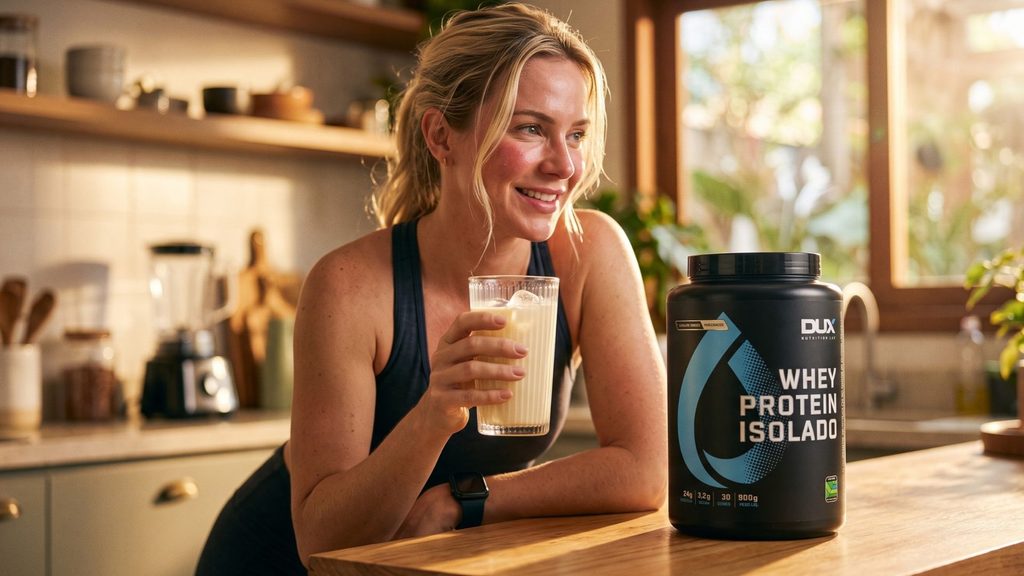 Copo com shake cremoso de Whey Dux sabor chocolate branco preparado com água gelada