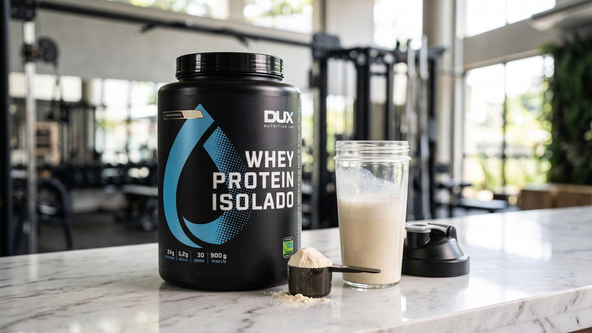 Pote de Whey Protein Dux Isolado sabor Chocolate Branco de 900g posicionado sobre bancada moderna