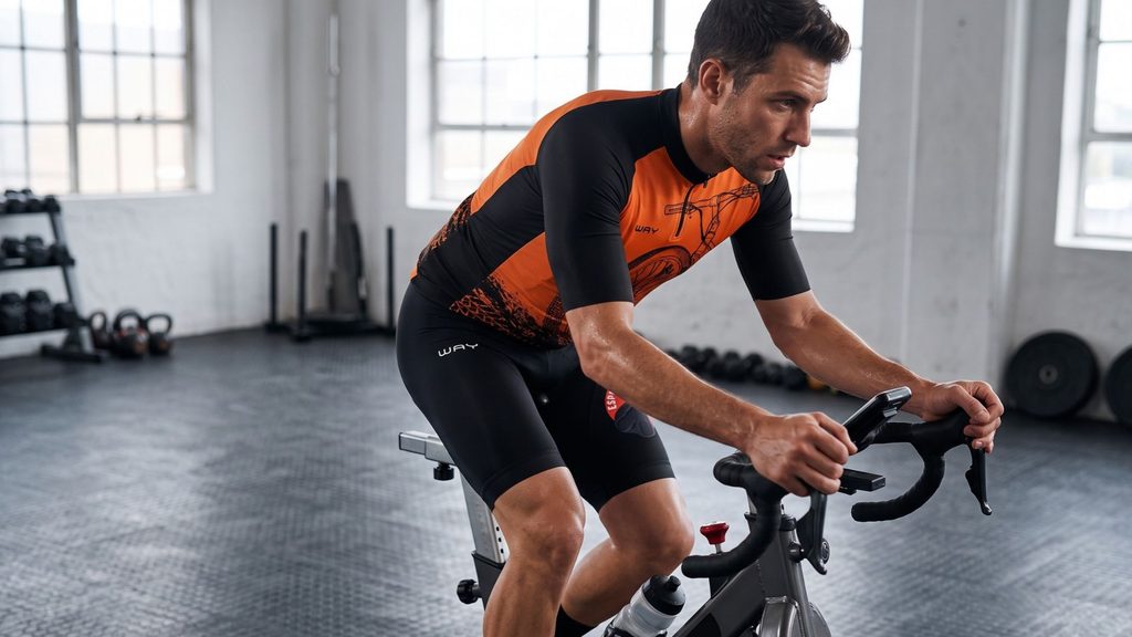 Ciclista treinando em bike ergométrica de spinning com o conjunto de camisa e bermuda almofadada