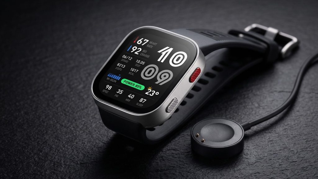 Detalhe macro da tela AMOLED de 2.07 polegadas e do sensor biométrico do Amazfit Bip Max