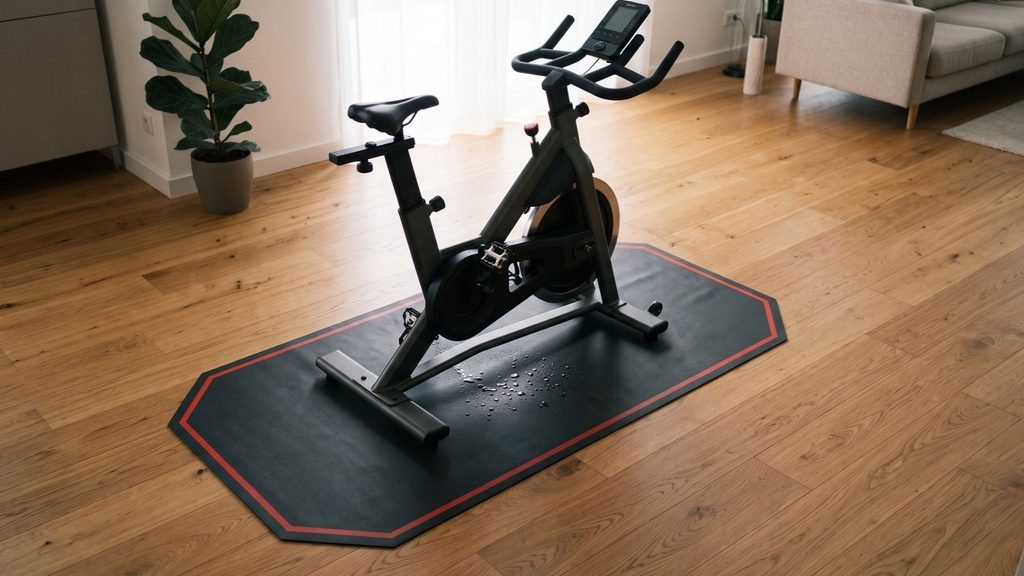 Tapete protetor de piso para bicicleta ergométrica posicionado sob a bike na sala de estar