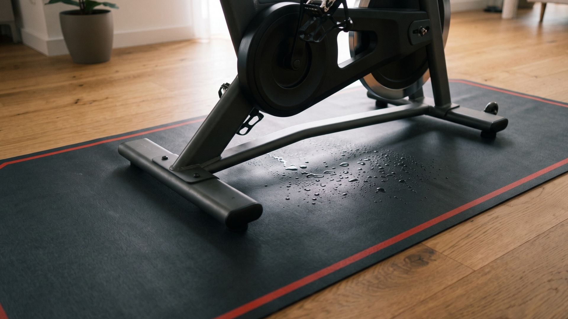 Tapete protetor de piso para bicicleta ergométrica posicionado sob a bike na sala de estar