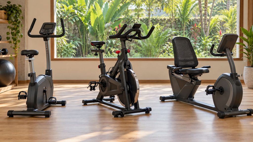 três tipos de bicicleta ergométrica: vertical, spinning e horizontal