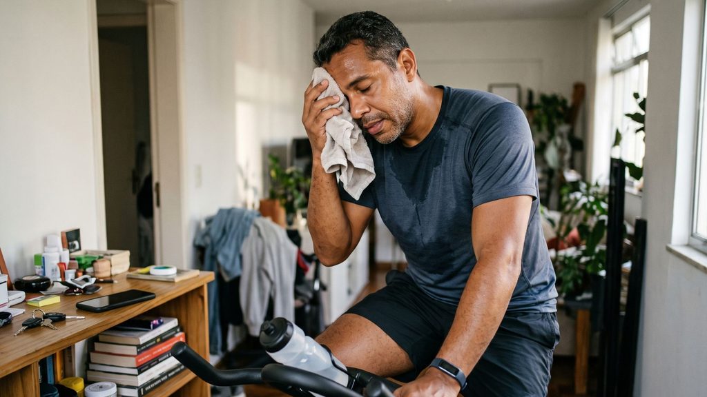 homem terminando treino de 30 minutos na bicicleta ergométrica em casa