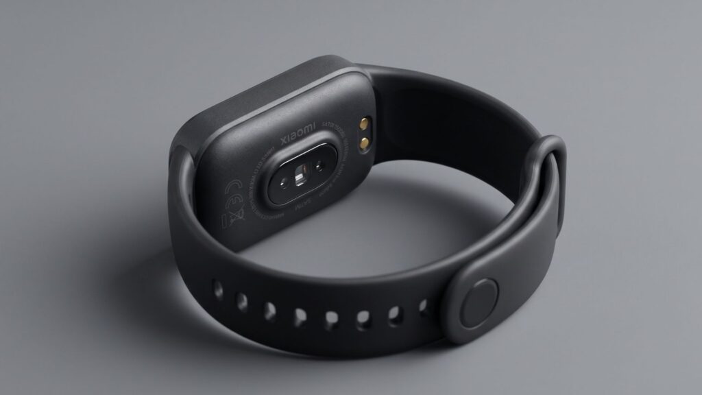 Detalhes do acabamento e sensor traseiro da Xiaomi Smart Band 9 Active